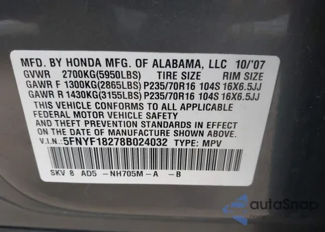 2008 Honda Pilot Vp из США, поврежденный, VIN 5FNYF18278B024032